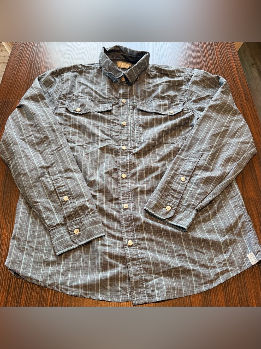 LL Bean Mens Grey Green Striped Trail Hiking Shirt Long Sleeve Size M-Regular